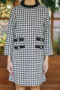 Ask You Out Black Houndstooth Tweed 3/4 Sleeve Dress