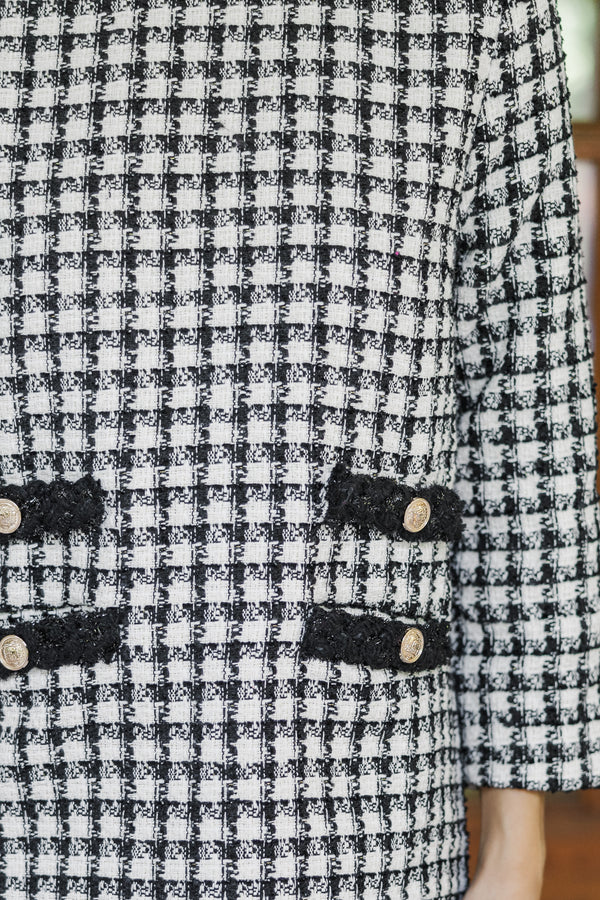 Ask You Out Black Houndstooth Tweed 3/4 Sleeve Dress, Medium - The Mint Julep Boutique | Women's Boutique Clothing Ask You Out Black Houndstooth Tweed 3/4 Sleeve Dress, Medium - The Mint Julep Boutique | Women's Boutique Clothing