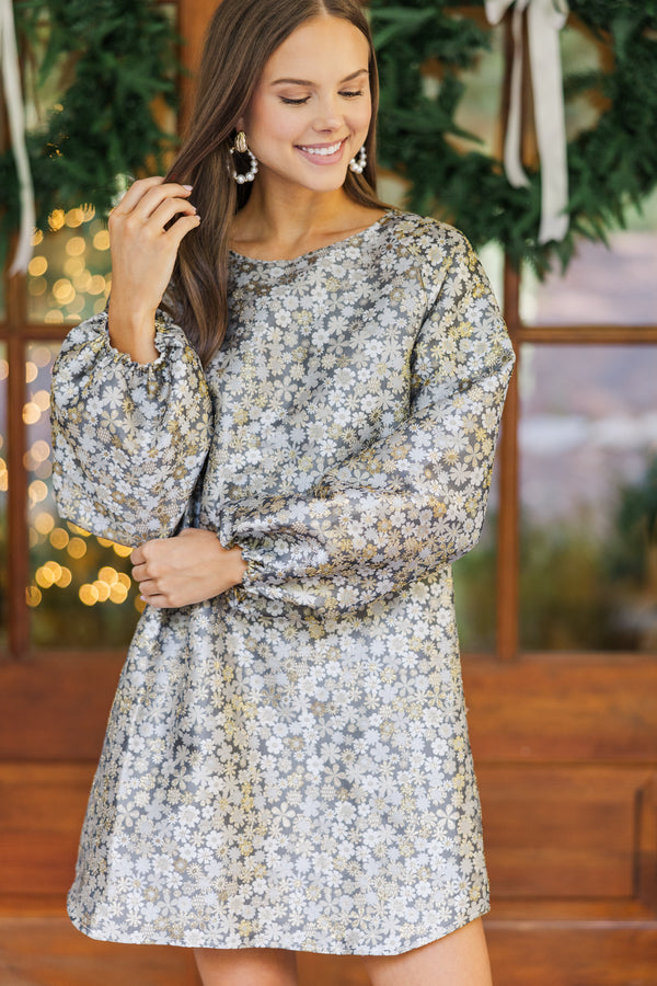 All In A Look Gray Floral Brocade Dress