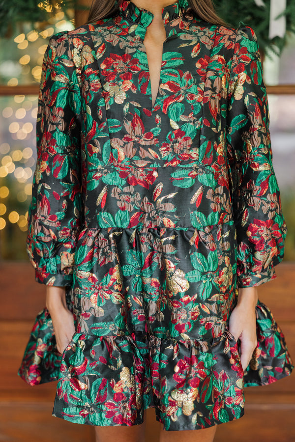 Just A Feeling Emerald Green Floral Brocade Dress