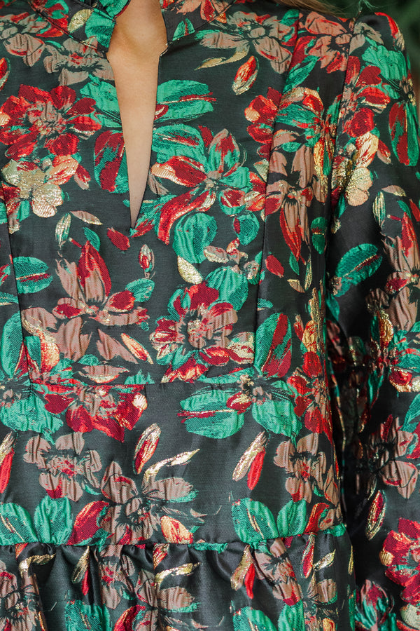 Just A Feeling Emerald Green Floral Brocade Dress