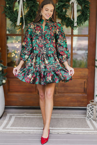 Just A Feeling Emerald Green Floral Brocade Dress