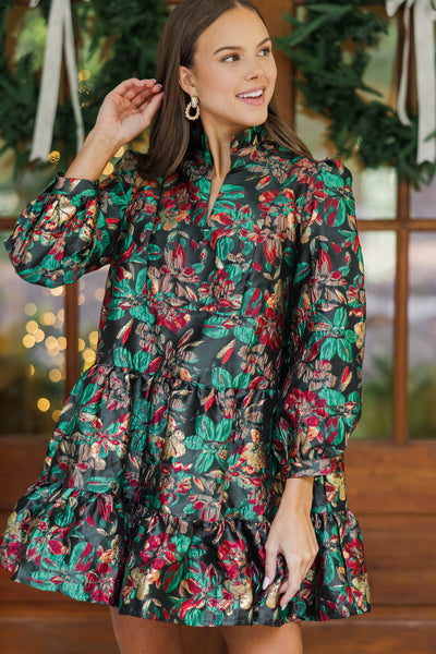 Just A Feeling Emerald Green Floral Brocade Dress, Medium - The Mint Julep Boutique