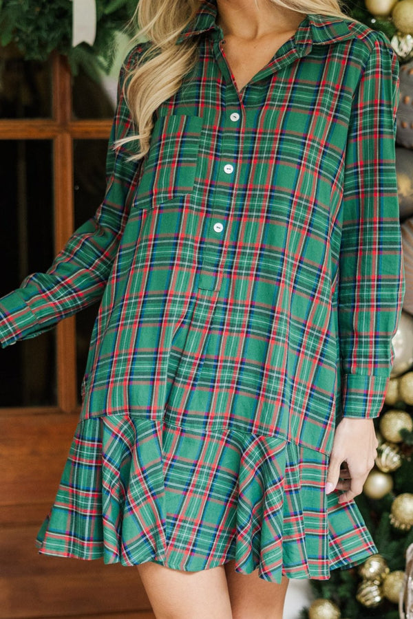 Share Your Story Green Plaid Shirt Dress