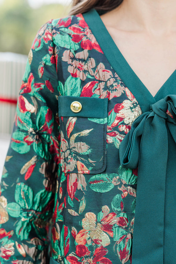 League Of Your Own Emerald Floral Brocade Shift Dress