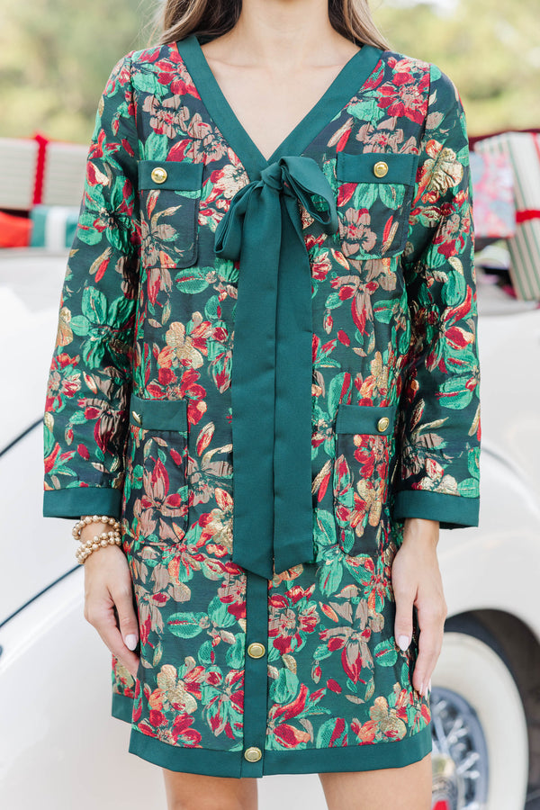 League Of Your Own Emerald Floral Brocade Shift Dress
