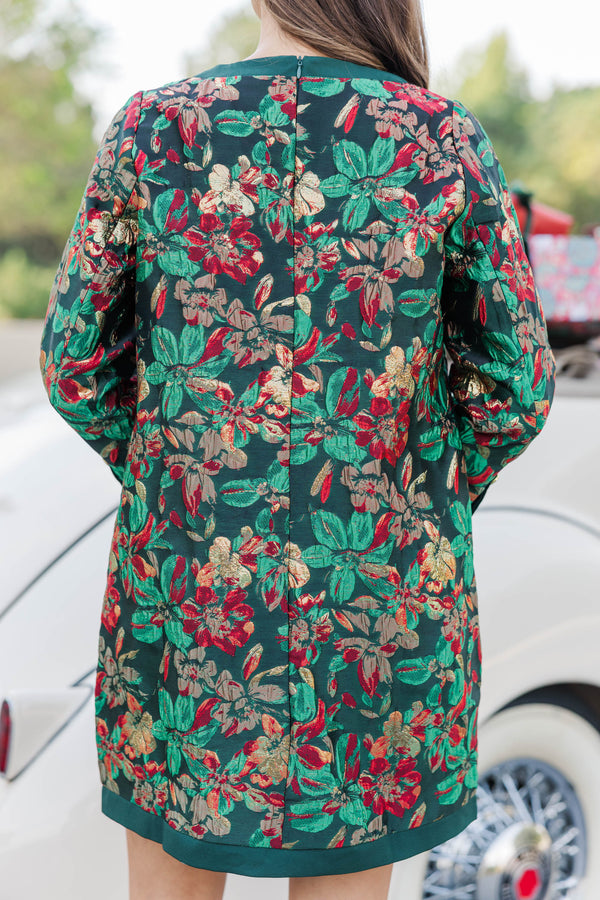 League Of Your Own Emerald Floral Brocade Shift Dress