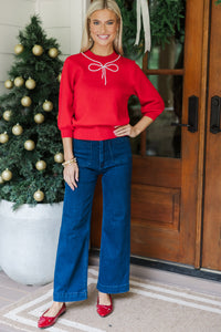 Another Day Red Pearl Embellished Sweater