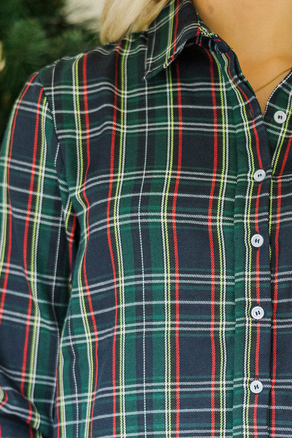 Just For You Navy Blue Tartan Plaid Button Down