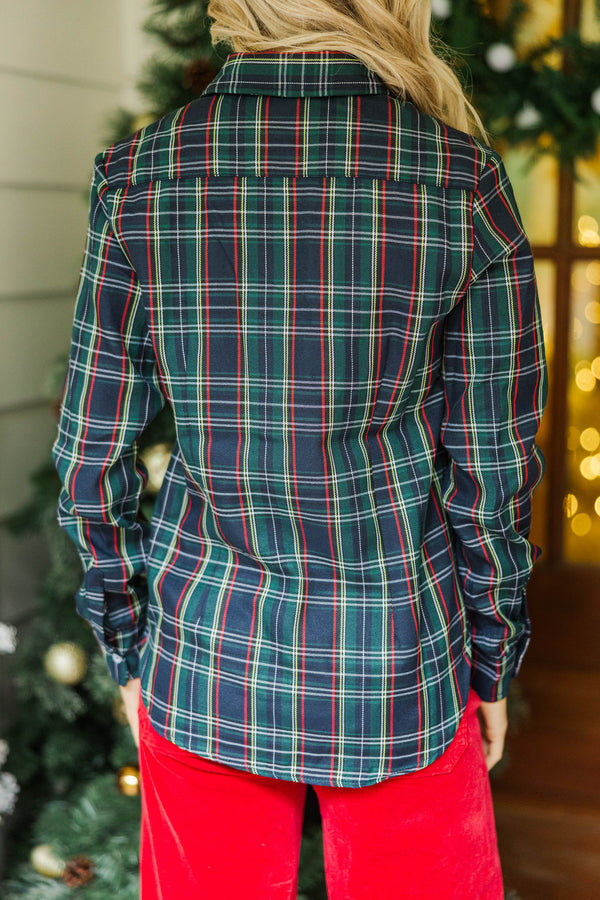 Just For You Navy Blue Tartan Plaid Button Down