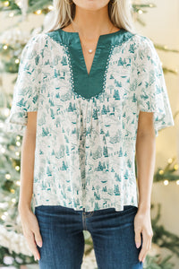 Just A Theory Green Holiday Toile Blouse