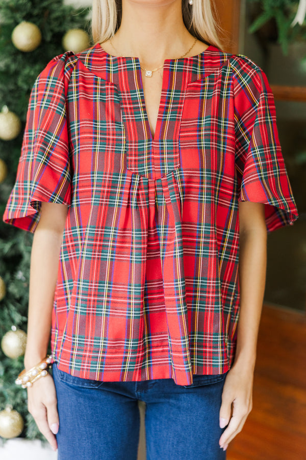 Just A Theory Red Tartan Plaid Blouse