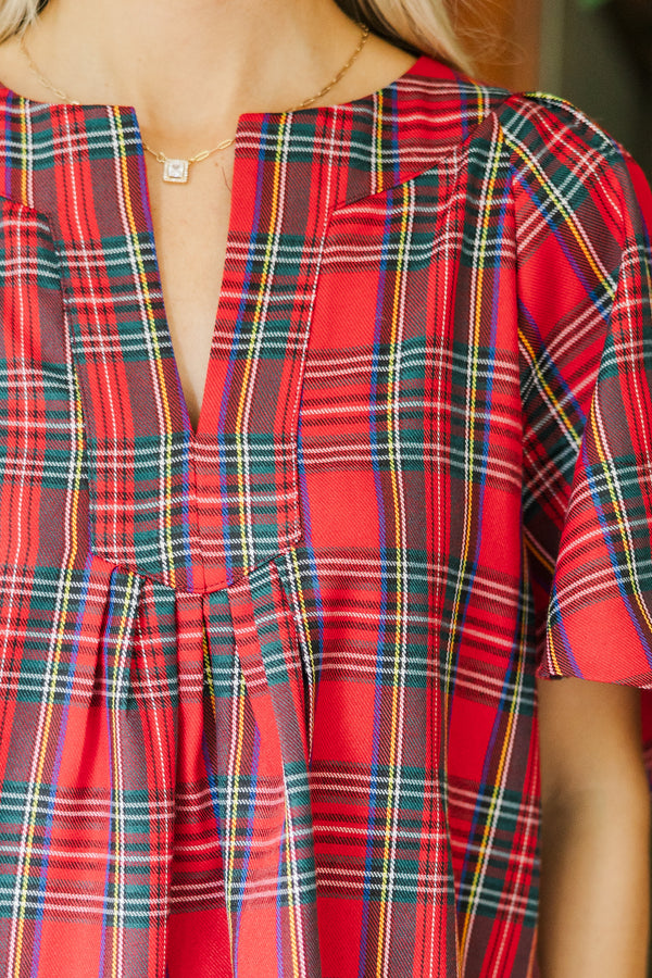 Just A Theory Red Tartan Plaid Blouse