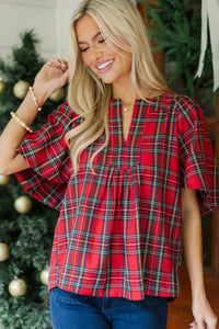 Just A Theory Red Tartan Plaid Blouse