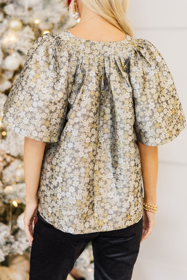 Just A Theory Gray Floral Brocade Blouse