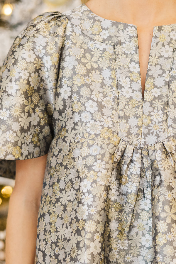 Just A Theory Gray Floral Brocade Blouse