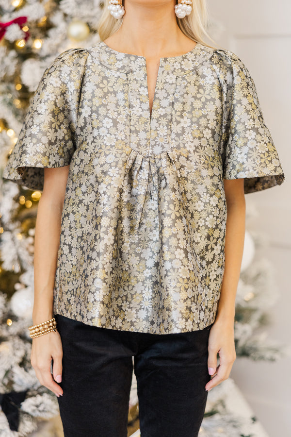 Just A Theory Gray Floral Brocade Blouse