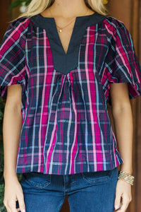 Just A Theory Navy & Pink Plaid Blouse
