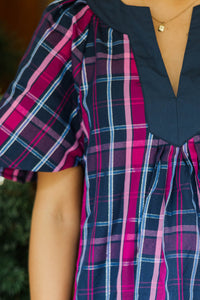 Just A Theory Navy & Pink Plaid Blouse