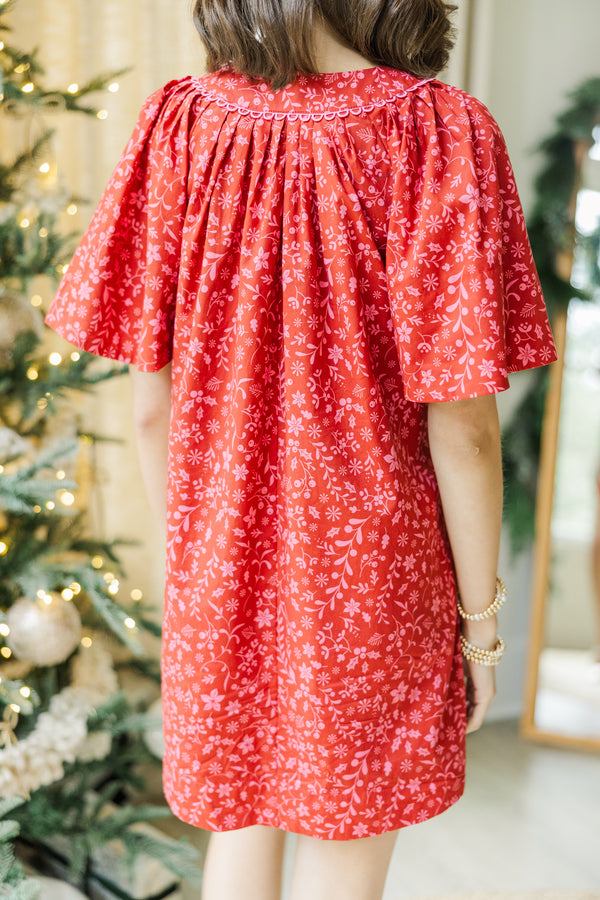 Just A Theory Red Ditsy Floral Dress