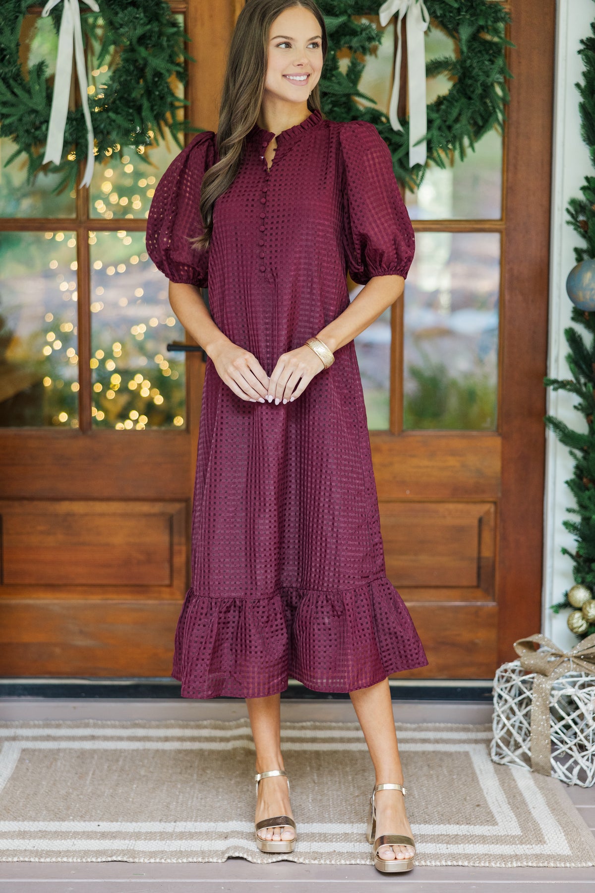 See The Light Burgundy Textured Midi Dress – Shop the Mint