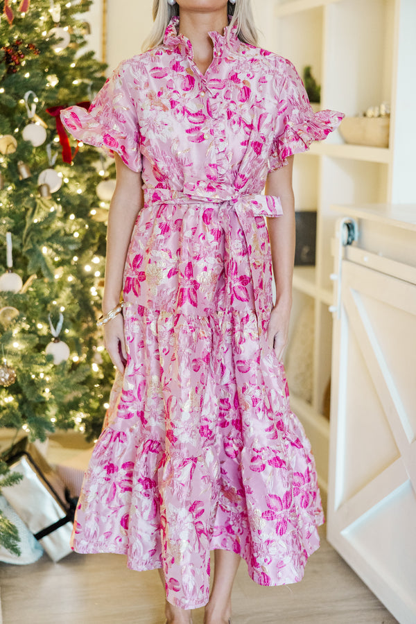 I'll Be There Fuchsia Pink Floral Brocade Midi Dress