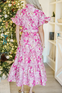 I'll Be There Fuchsia Pink Floral Brocade Midi Dress