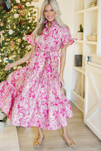 I'll Be There Fuchsia Pink Floral Brocade Midi Dress