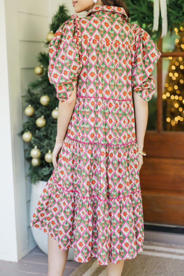 Run To You Green Holiday Medallion Print Midi Dress