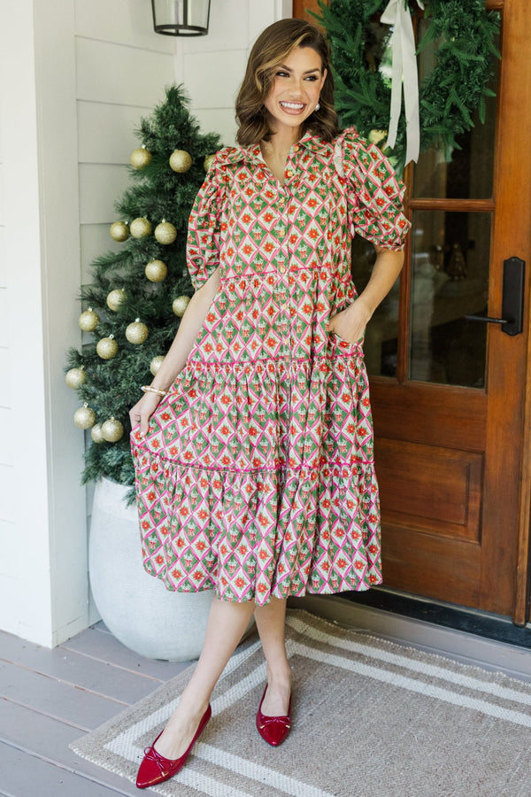 Run To You Green Holiday Medallion Print Midi Dress