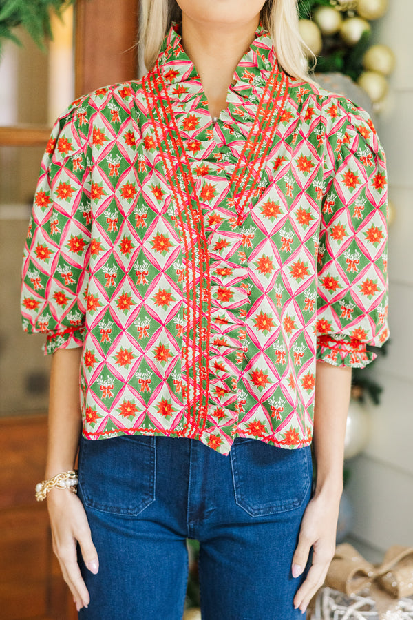 Out For The Day Green Bow Medallion Blouse