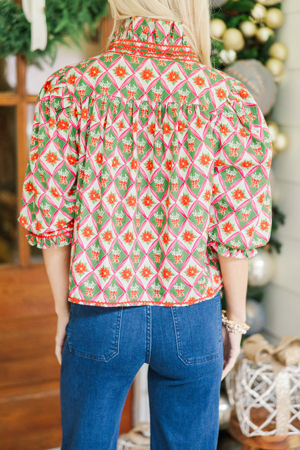 Out For The Day Green Bow Medallion Blouse