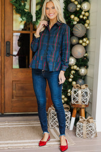 In Control Navy Blue Plaid Button Down Blouse