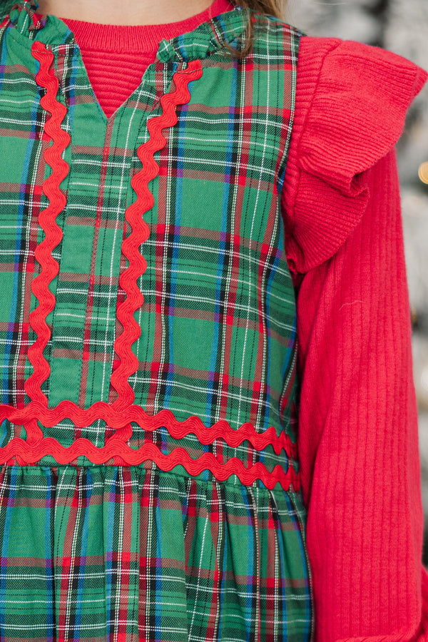 Girls: Passing Time Green Plaid Dress