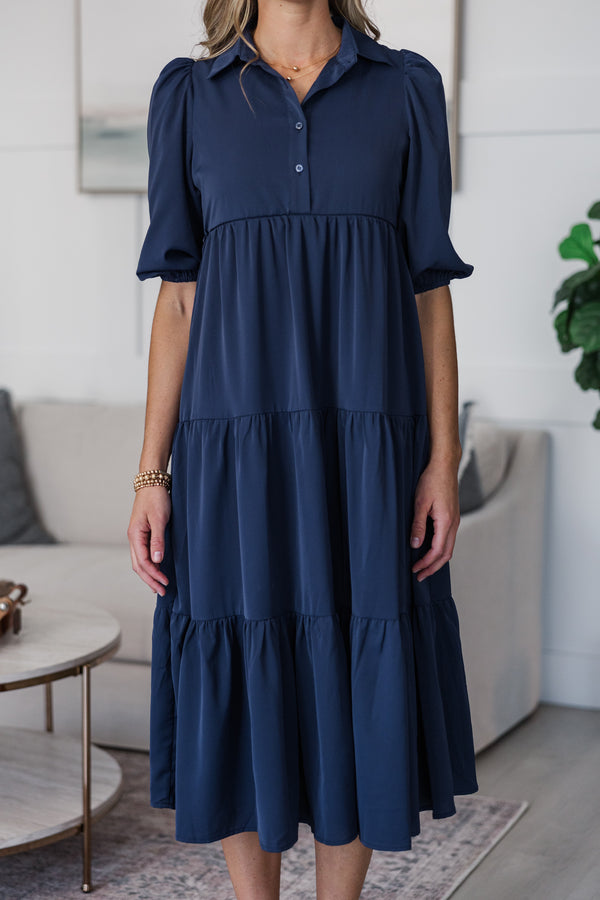 NURSING COLLECTION: Love Found Navy Blue Tiered Midi Dress