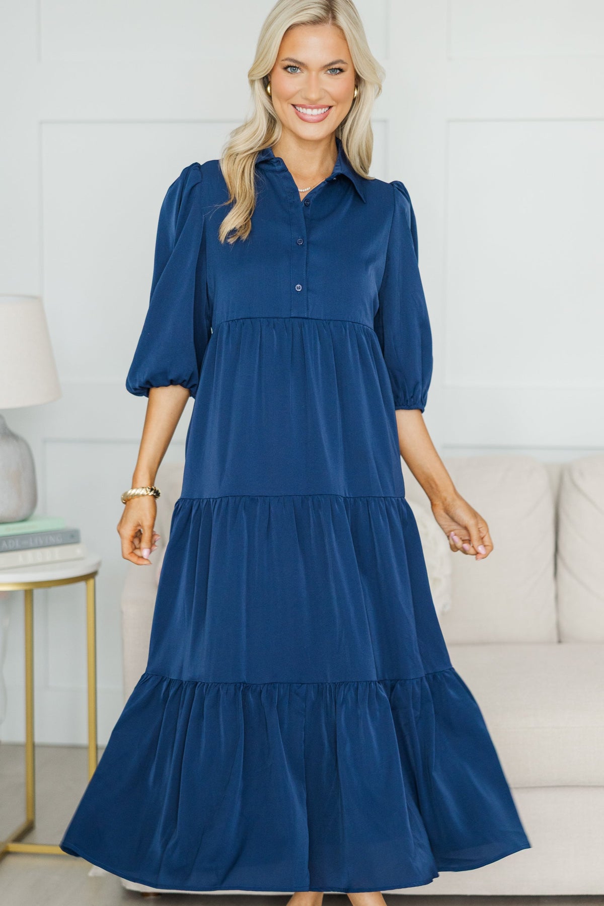 sachin and babi light blue dress Stretch Cotton Eyelet Lillian Midi Shirt Dress Navy main image 0