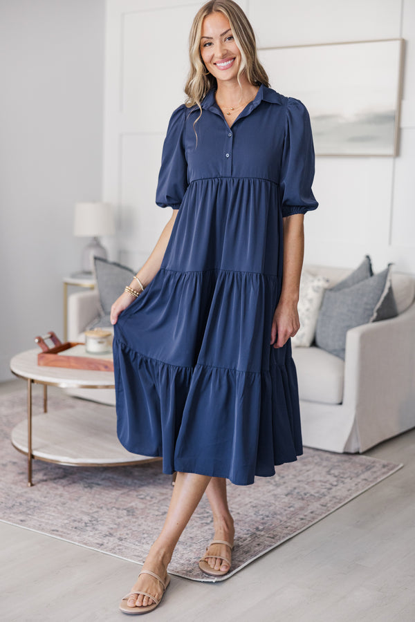 NURSING COLLECTION: Love Found Navy Blue Tiered Midi Dress