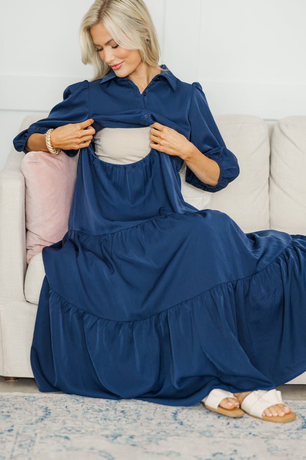 NURSING COLLECTION: Love Found Navy Blue Tiered Midi Dress