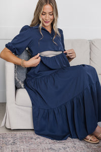 NURSING COLLECTION: Love Found Navy Blue Tiered Midi Dress