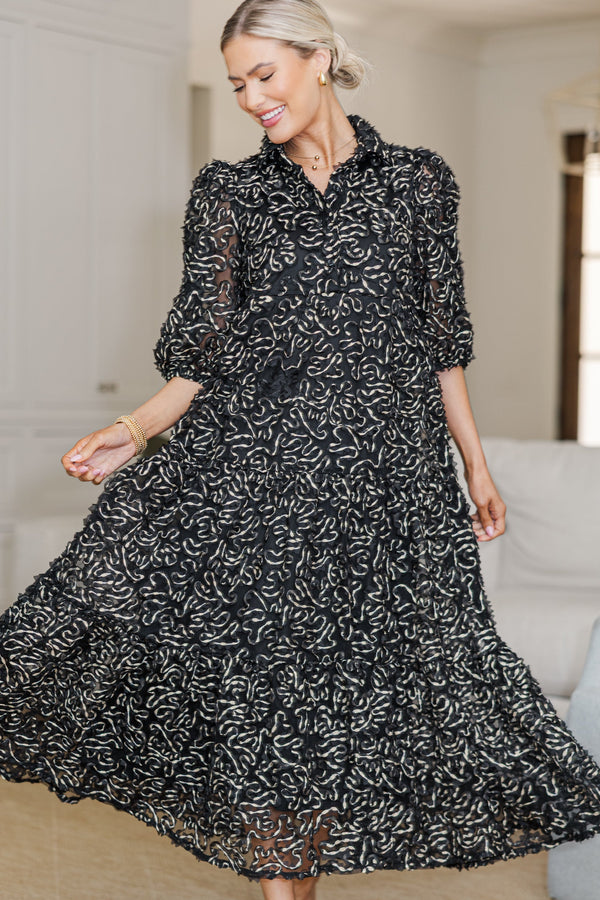 NURSING COLLECTION: Love Found Black Textured Tiered Midi Dress