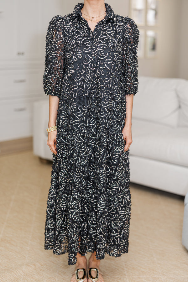 NURSING COLLECTION: Love Found Black Textured Tiered Midi Dress
