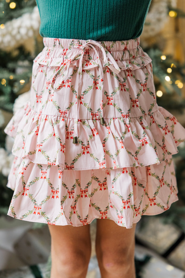 Girls: Take The Leap Pink Bow Print Ruffled Skort