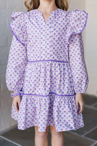Girls: At This Time Lavender Medallion L/S Babydoll Dress