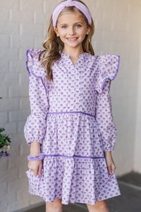 Girls: At This Time Lavender Medallion L/S Babydoll Dress