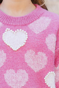 Girls: Feeling The Love Pink Heart Pearl Detailed Sweater