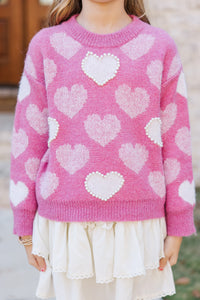 Girls: Feeling The Love Pink Heart Pearl Detailed Sweater