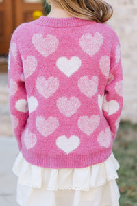 Girls: Feeling The Love Pink Heart Pearl Detailed Sweater