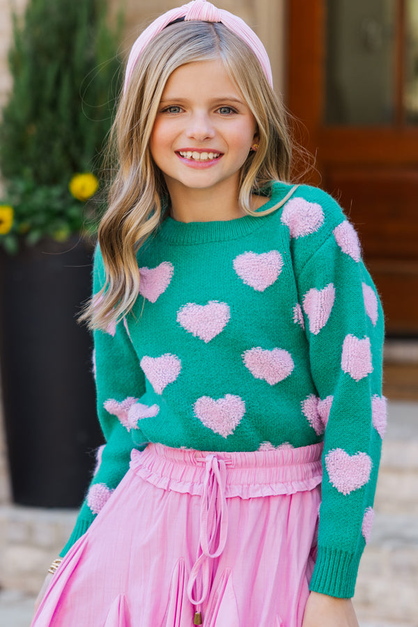 Girls: I'll Be there Green Fuzzy Heart Sweater