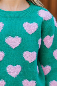 Girls: I'll Be there Green Fuzzy Heart Sweater