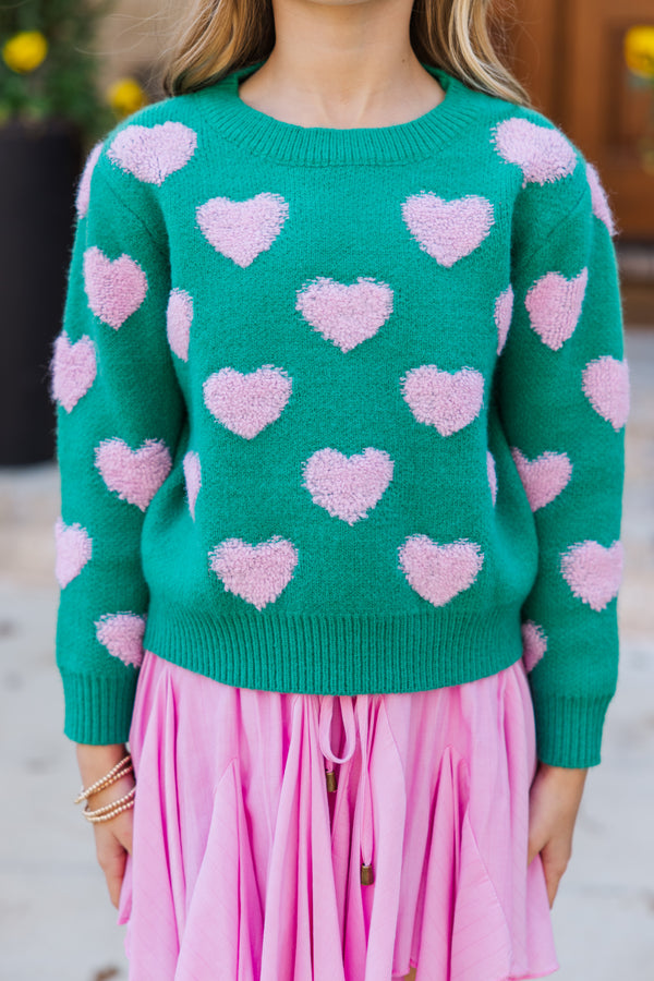 Girls: I'll Be there Green Fuzzy Heart Sweater